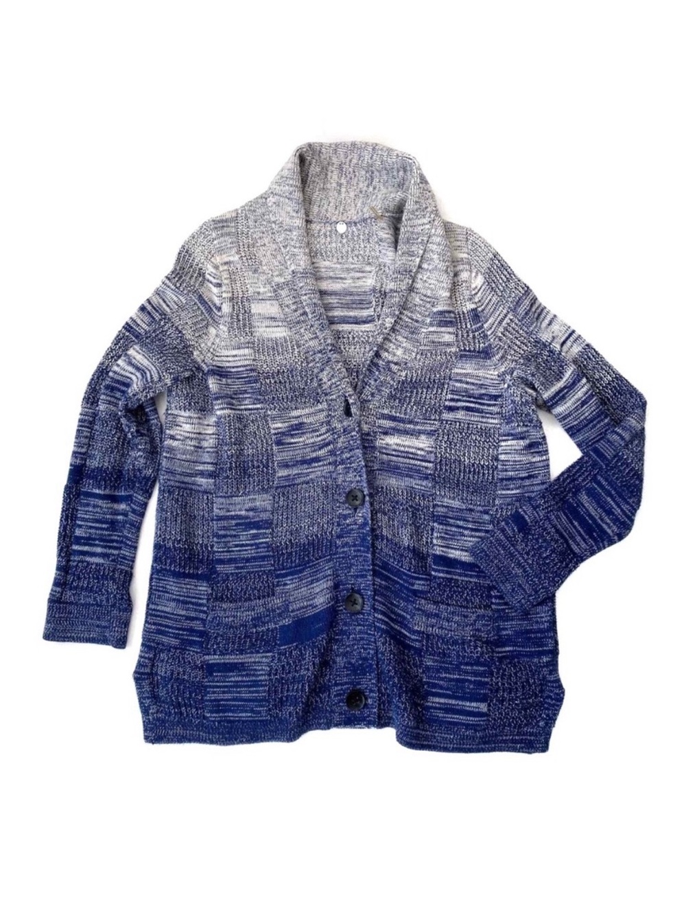 Margaret O'Leary Ombré Blue Patchwork Knit Cotton Long Sleeve Button Up Cardigan